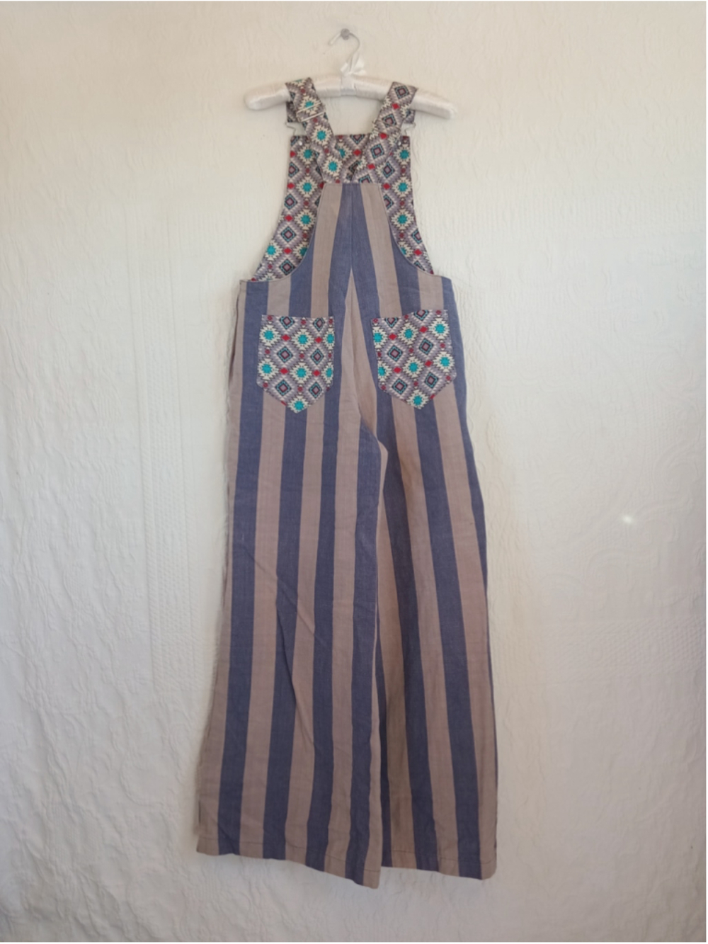 Artsy Western Overalls Slate Blue Beige Stripes Super Wide Leg Boho Trousers MED - Picture 6 of 12